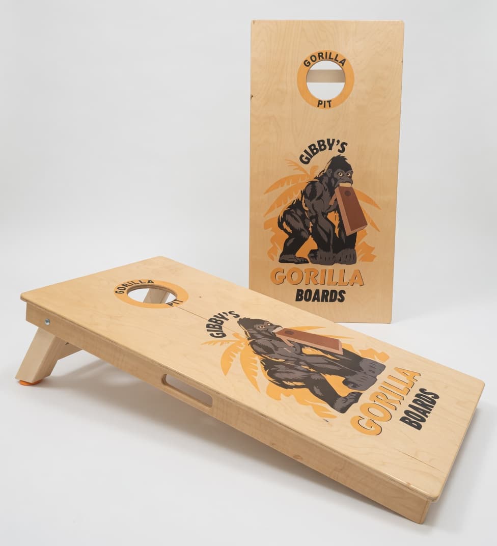 A pair of Gibby's Gorilla Boards — Baltic Birchwood with the gorilla mascot, UV-printed